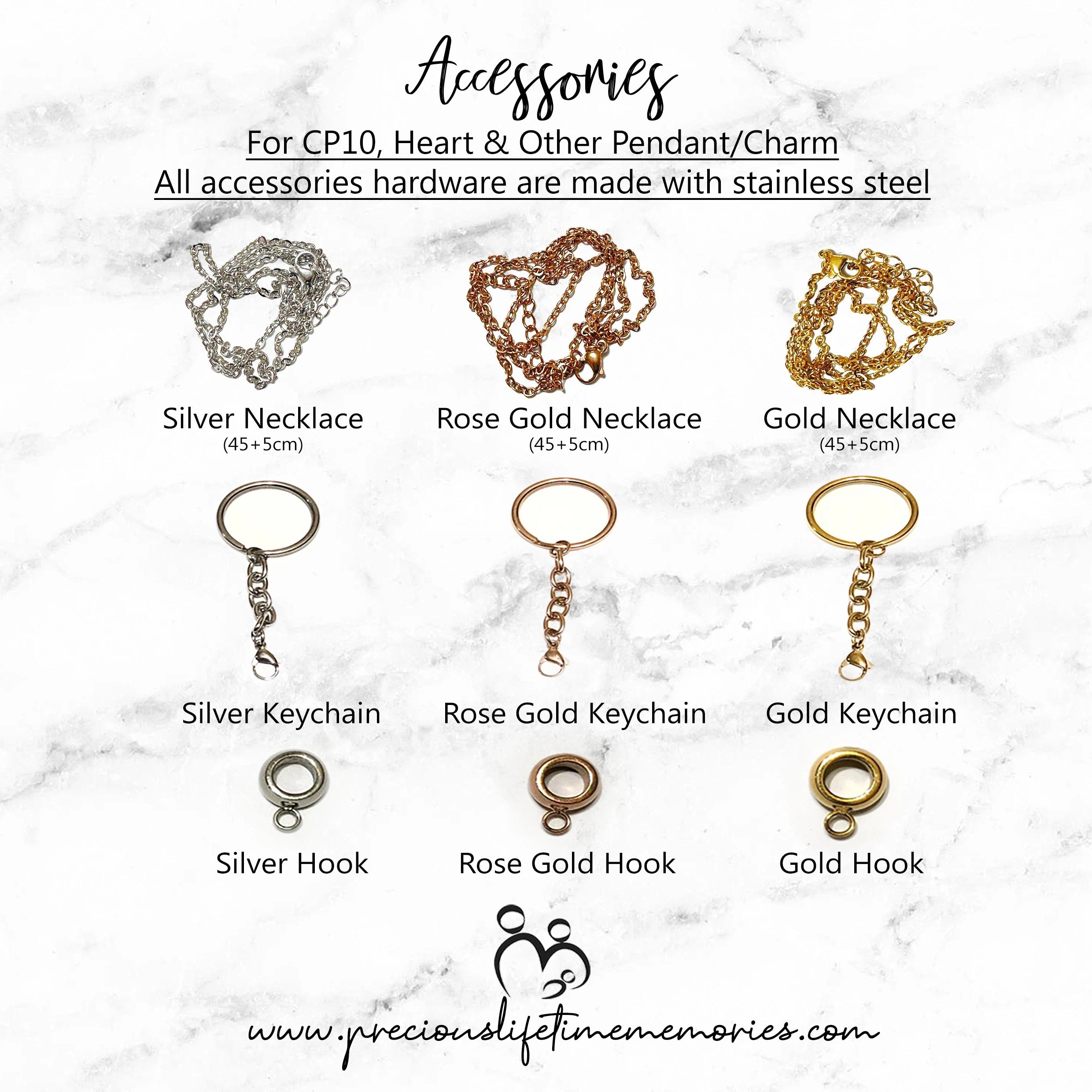 Jewelry accessories including necklaces, keychains, and hooks on a marble background with product names and measurements.
