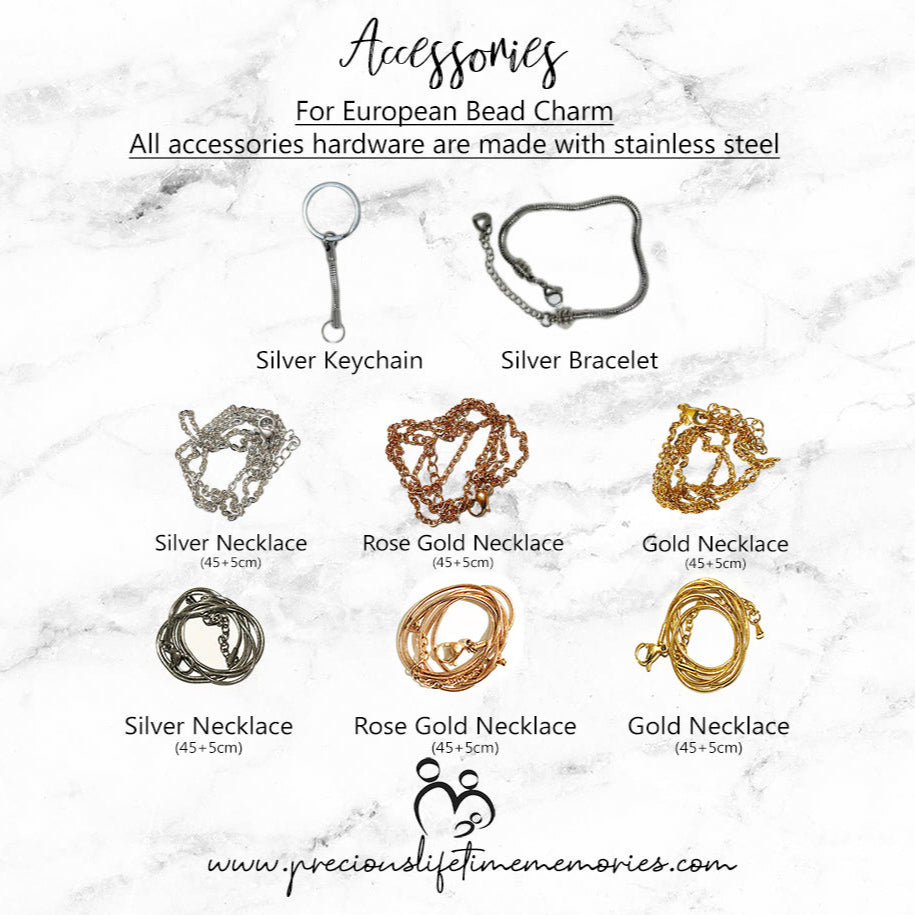 Jewelry accessories for European bead charm on a marble background with product names and descriptions.