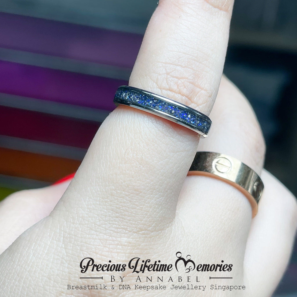 Two rings on a finger with a blurred background and 'Precious Lifetime Memories by Annabel' branding.