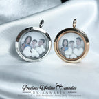 Two circular pendants with family photos on a satin surface, branded 'Precious Lifetime Memories by Annabel'.