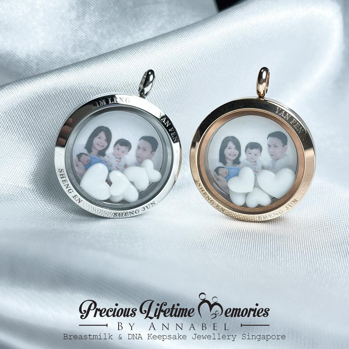 Two circular pendants with family photos on a satin surface, branded 'Precious Lifetime Memories by Annabel'.