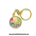 Keychain with a colorful round charm on a white background