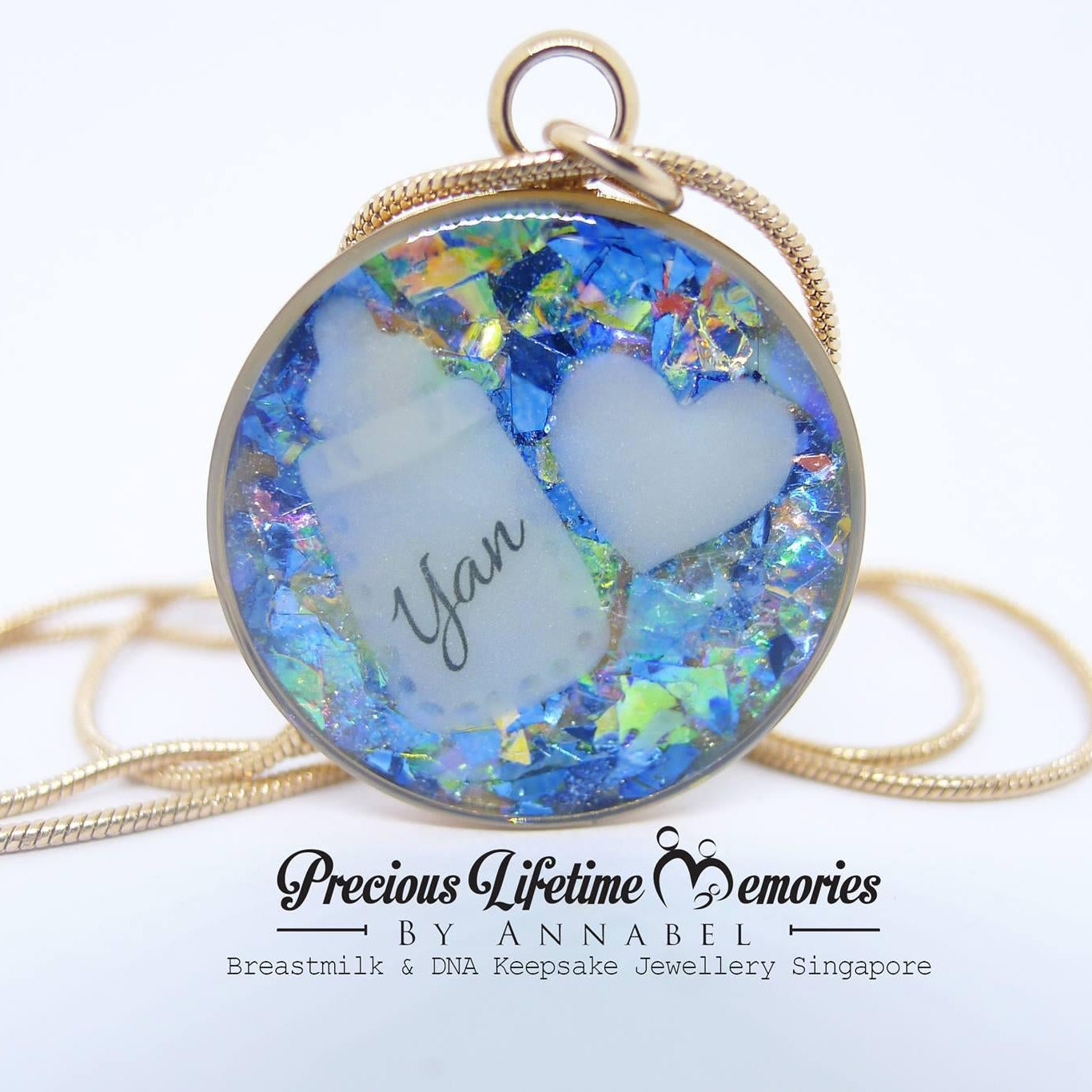 Necklace with a heart-shaped pendant featuring the name 'Yan' on a white background, branded as 'Precious Lifetime Memories by Annabel'.