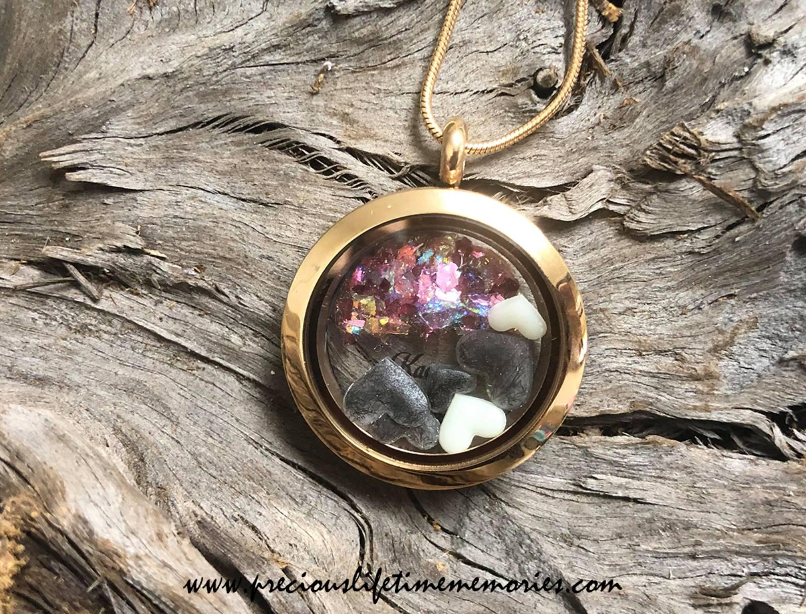 Triple Inclusion Floating Hearts Falling PM Flakes Glass Locket