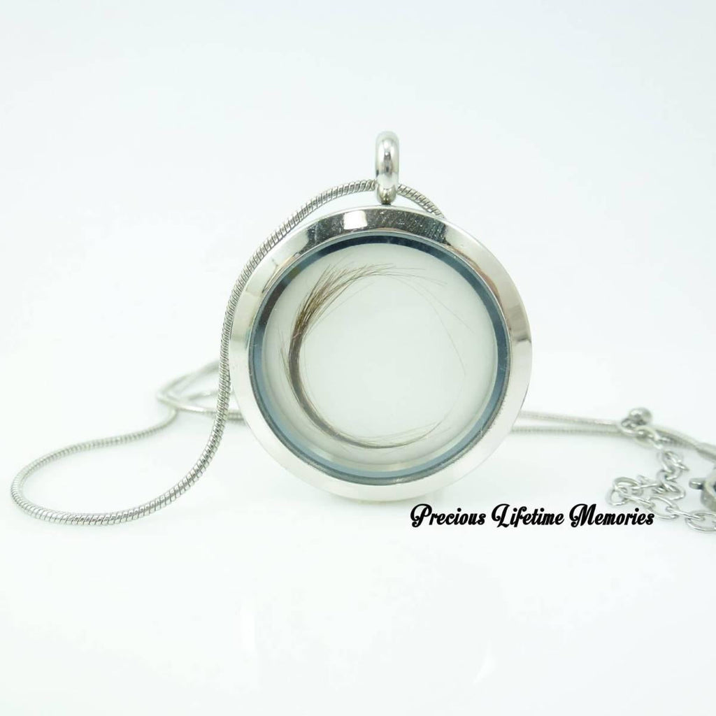 Silver locket with chain on a white background, featuring 'Precious Lifetime Memories' text.