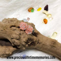 Driftwood with pink earrings and colorful beads on a white background