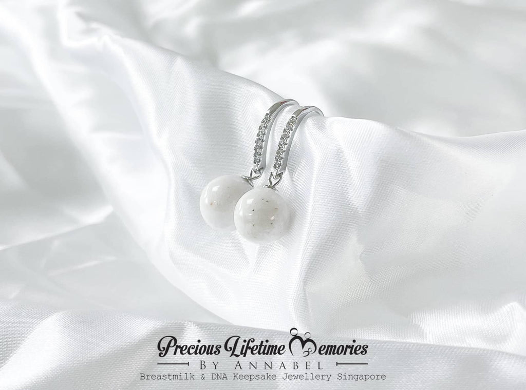 18K Gold Cremation Ashes Pearl Straight Diamonds Earring