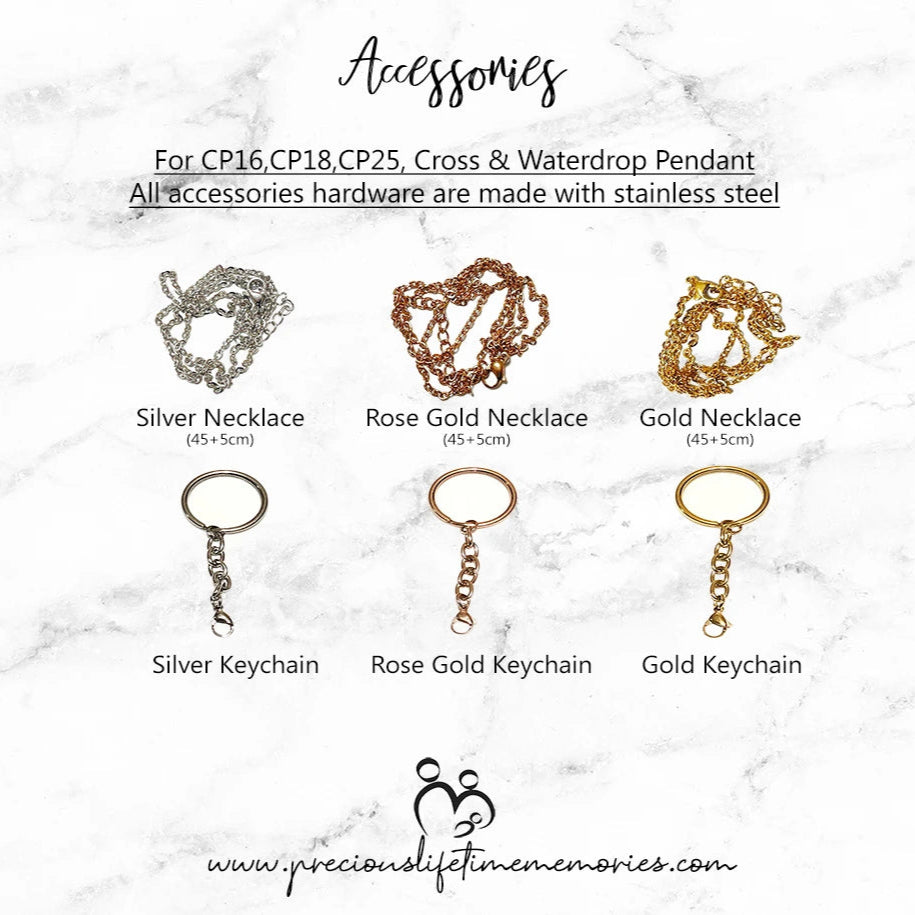 Set of silver, rose gold, and gold necklaces and keychains on a marble background with product details.
