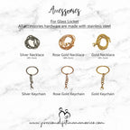 Set of silver, rose gold, and gold necklaces and keychains on a marble background with product details.