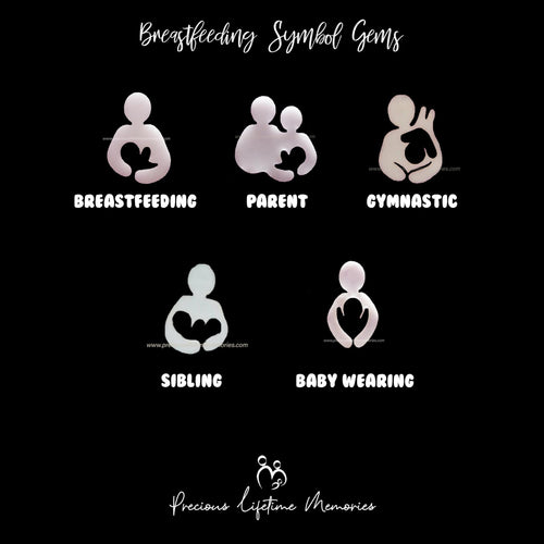 Set of breastfeeding symbol gems with labels on a black background