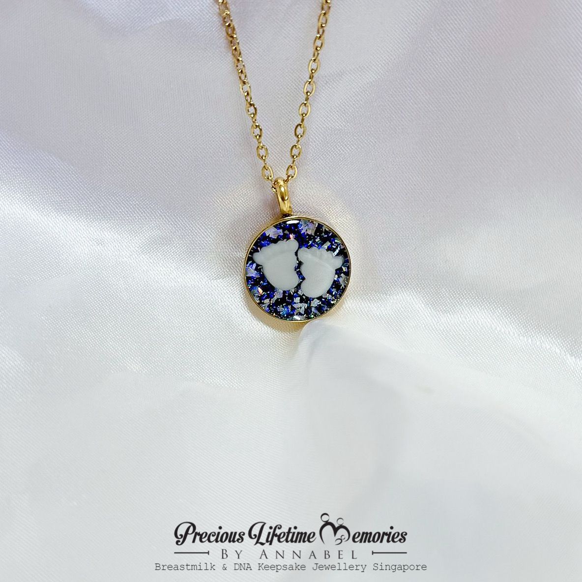 Galaxy Blue Silver Baby Feet Breastmilk Pendant (18mm)
