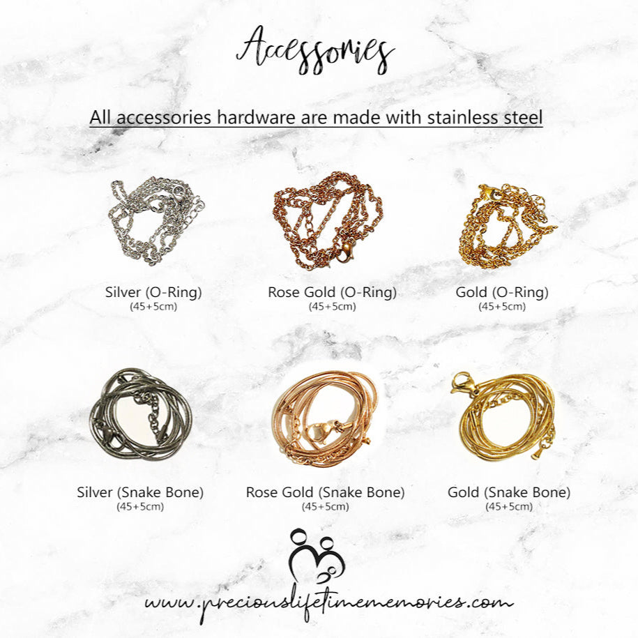 Collection of jewelry hardware options with descriptions on a marble background